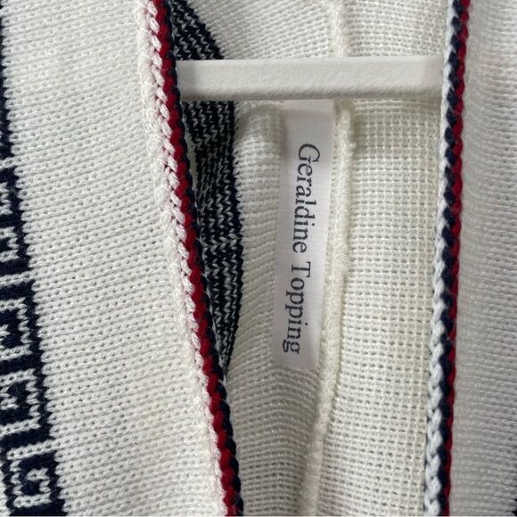 [l] Creme White Knit Holiday Poncho Sweater with Navy Blue & Red Reindeer Print - Picture 14 of 14